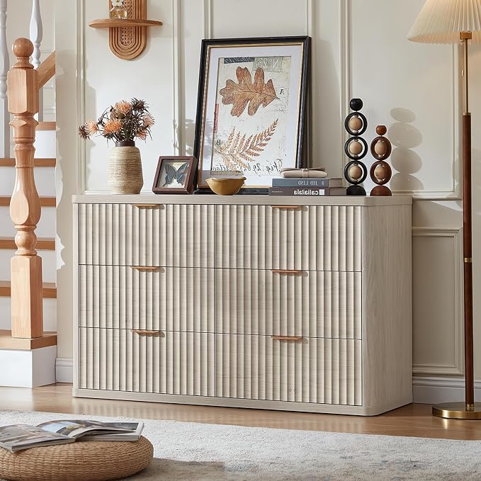 LEYAOYAO Fluted 6 Drawers Dresser Set of 2, 48" Wide Modern Chest of Drawers with Metal Handle, Light Grey Curved Profile Dresser TV Stand, Wooden Drawer Organizer for Bedroom, Living Room, Hallway - Image 9