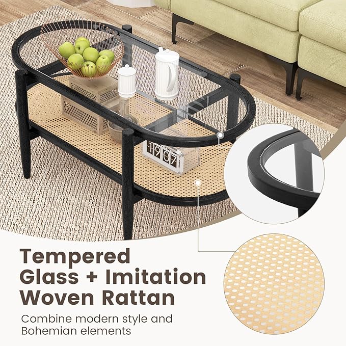 Tangkula Rattan Coffee Table, 40”L Boho Oval Acacia Wood Cocktail Table with Tempered Glass Tabletop & PE Rattan Storage Shelf, 2-Tier Tea Center Table for Living Room Office Reception (Boho, Black)