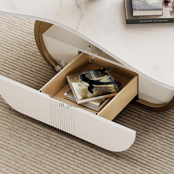 41.7 Inch Marble Coffee Table with Storage Drawer, Modern Butterfly Design, Sintered Stone Top and Gold Stainless Steel Base for Living Room, Scratch Resistant and Easy Assembly
