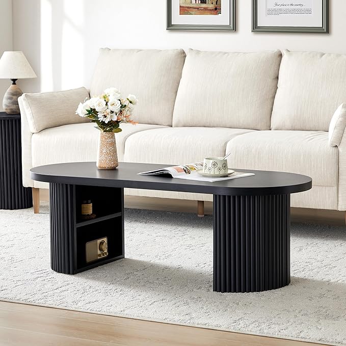 AVZEAR Oval Fluted Coffee Table for Living Room, Mid Century Modern Coffee Table with Storage, Curved Round Wooden Center Table for Home, Office, Cafe, Black(47.24" x 19.69" x 15.74")