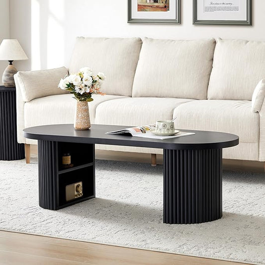 AVZEAR Oval Fluted Coffee Table for Living Room, Mid Century Modern Coffee Table with Storage, Curved Round Wooden Center Table for Home, Office, Cafe, Black(47.24" x 19.69" x 15.74")