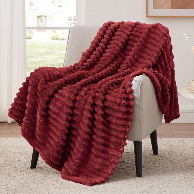 EXQ Home Fleece Throw Blanket for Couch or Bed - 3D Stripe Jacquard Decorative Blankets - Cozy Soft Lightweight Fuzzy Flannel Blanket Suitable for All Seasons(50"??60",Red)