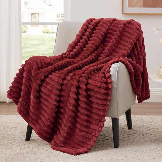 EXQ Home Fleece Throw Blanket for Couch or Bed - 3D Stripe Jacquard Decorative Blankets - Cozy Soft Lightweight Fuzzy Flannel Blanket Suitable for All Seasons(50"??60",Red)