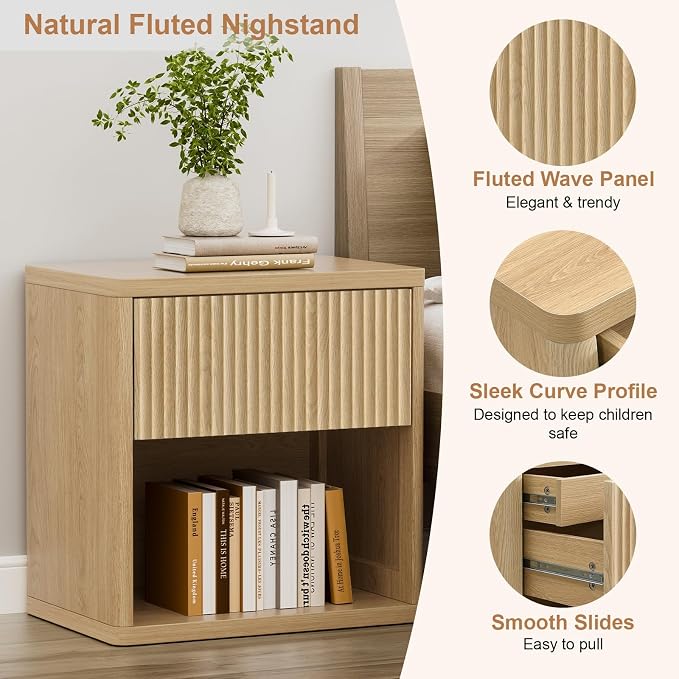 XIAO WEI Set of 2 Natural Wood Fluted Nightstands with Hidden Drawer, 22.8" Wide Mid Century Modern Bedside Table with Open Shelf, Large Accent End Table, Curved Safety Design - Image 5