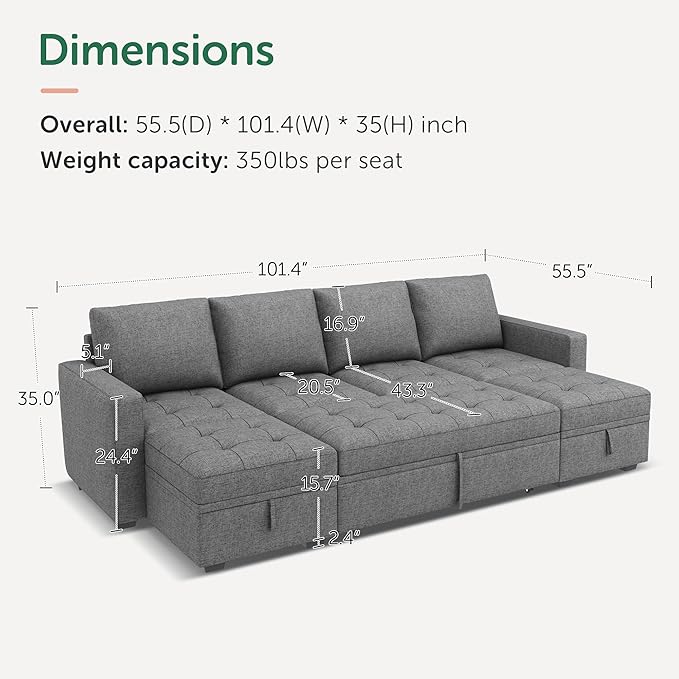 HONBAY Modular Sectional Sleeper Sofa with Pull Out Bed, Linen Convertible L Shaped Couch with Storage Seat, Sectional Couches for Living Room, Grey