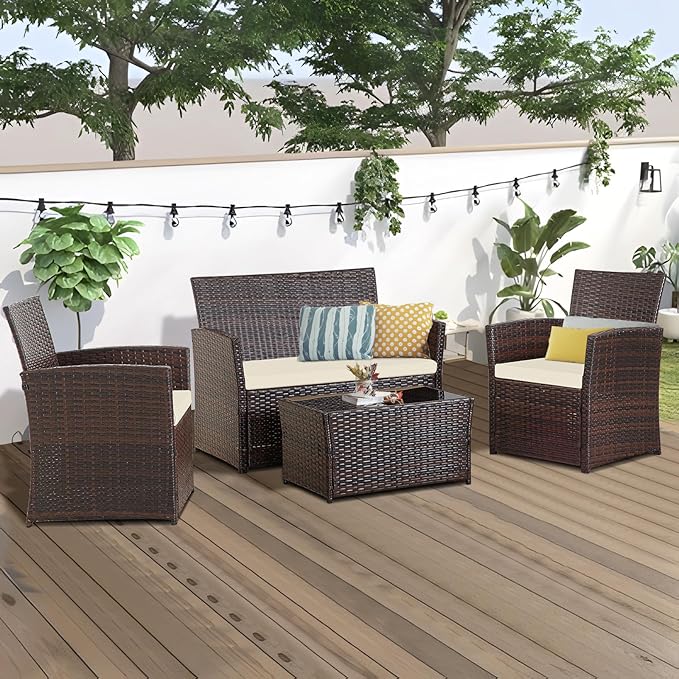 FHFO 4 Piece Outdoor Patio Furniture Sets, Wicker Conversation Sectional Set, Rattan Chairs with Table and Loveseat for Balcony Porch Backyard (Brown-Beige)
