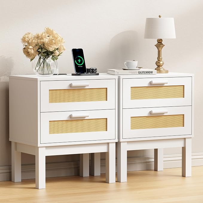 Rattan Nightstand Set of 2 with Charging Station,Boho Bedside Tables with 2 Drawer Cabinet,Natural Wood Bed Side End Tables,Multi-functional storage cabinet suitable for living room, bedroom, hallway by Owipaw