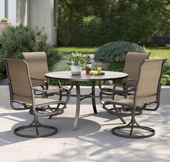 PHI VILLA Patio Dining Set 5 Piece, 4 Breathable Textilene Swivel Patio Chairs and 1 Round Metal Table with 1.57" Umbrella Hole, All Weather Resistant for Lawn Garden by PHIVILLA