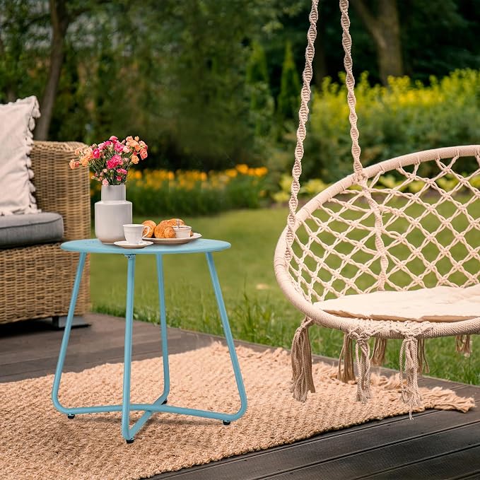 danpinera Outdoor Side Tables with Flower Cut Outs, Weather Resistant Steel Patio Side Table, Small Round Outdoor End Table Metal Side Table for Patio Yard Balcony Garden Blue - Image 8