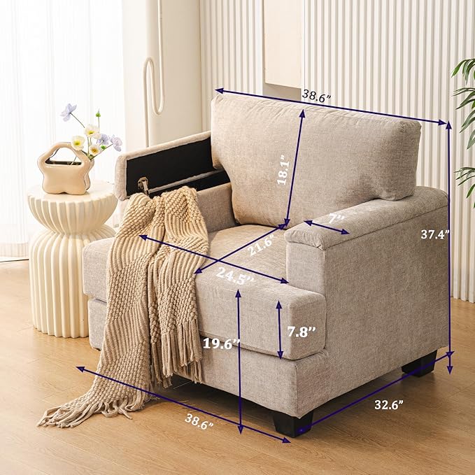 Oversized Living Room Chairs Set of 2,Comfy Accent Chair with Armrest Organizer,Upholstered Linen Fabric Armchair Thick Cushion,Big Reading Chair,Sofa Chair for Bedroom,Khaki