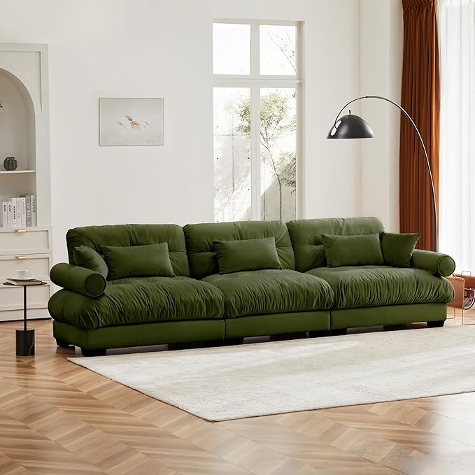 KEIKI 130" Oversized Velvet Modular Sectional Sofa with High-Density Foam Cushion and Bolstered Armrests, Upholstered Modern Style 3-Seater Cloud Couch with 5 Pillow, for Apartment, Living Room, Green