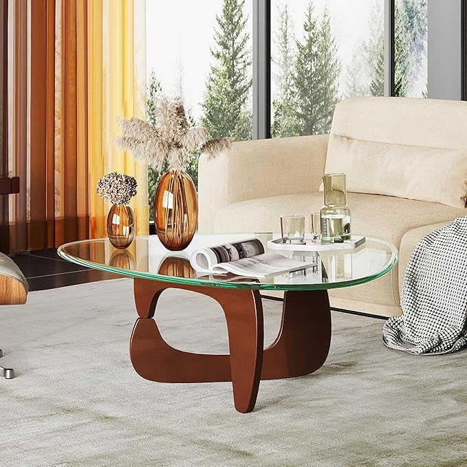 WLIVE Coffee Table, Small Glass Coffee Table with Solid Wood Legs, 36" Mid Century Triangle Living Room Tables, Modern Center Table for Living Room, Reception, Office, Espresso