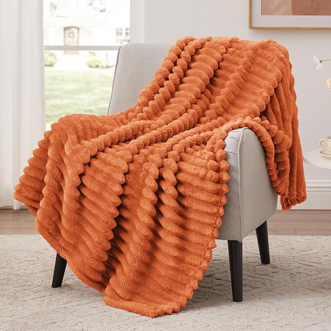 EXQ Home Fall Throw Blanket for Couch or Bed - 3D Stripe Jacquard Decorative Fleece Blankets - Cozy Soft Lightweight Fuzzy Flannel Blanket Suitable for All Seasons(50"??60",Orange)