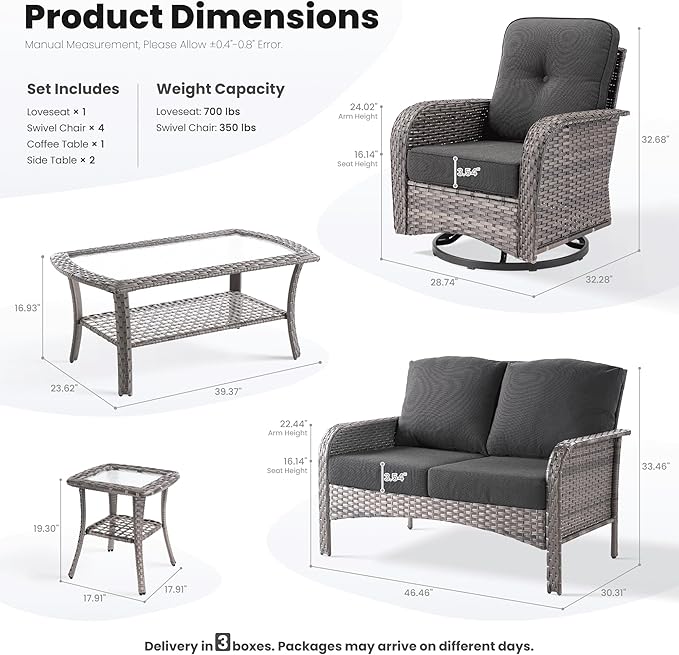 ovios 8-Piece Patio Furniture Set, Outdoor Wicker Sofa with Swivel Chairs Coffee Table, High Back Rattan Couch Loveseat with Comfy Cushions for Porch Yard Deck, Black