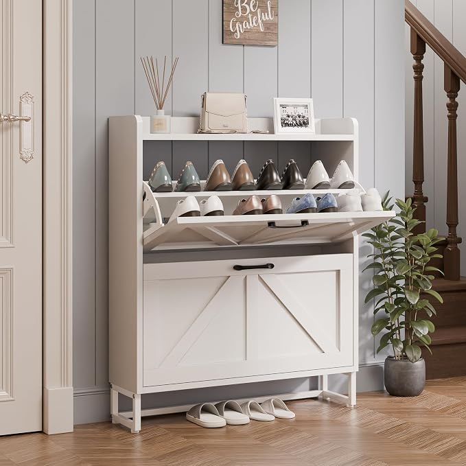 MU Shoe Storage Cabinet for Entryway, Hidden Shoe Cabinet with 2 Flip Drawers, Narrow Shoe Organizer Shoe Rack Cabinet with Metal Legs, White - Image 7