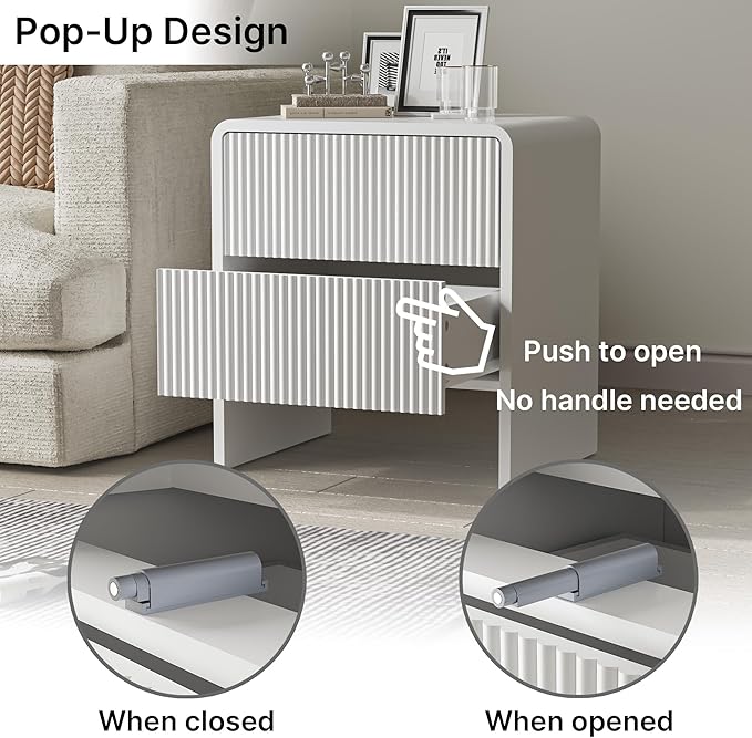 Set of 2 Curved Nightstand with 2 Drawers, Wooden Bedside Table with Push to Open Storage, Modern End Table for Bedroom, White - Image 6