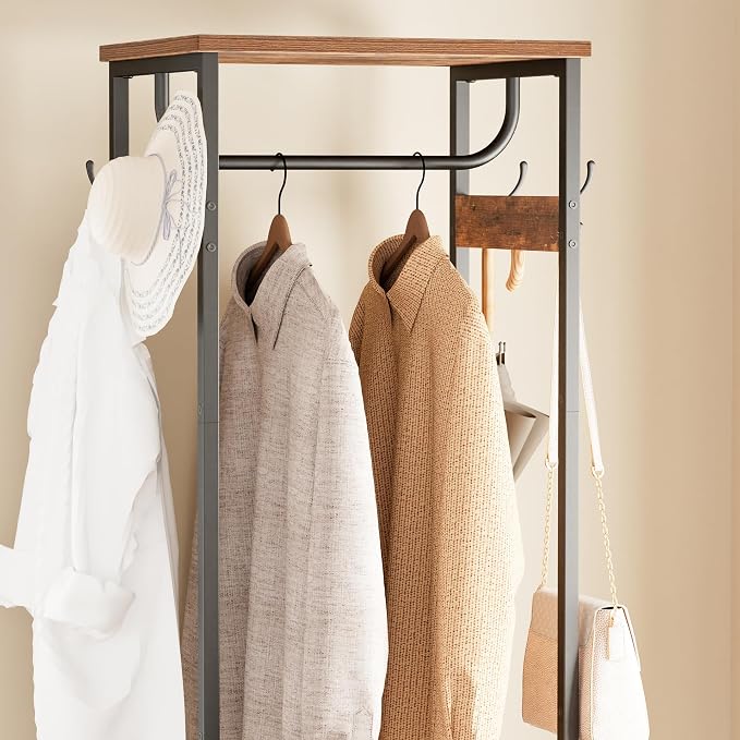 Coat Rack With Hanging Rod, Garment Rack With 3 Wooden Shelves and 4 Hooks, Freestanding Hall Tree, Industrial Clothes Rack Stand Organizer, Rustic Brown and Black - Image 6