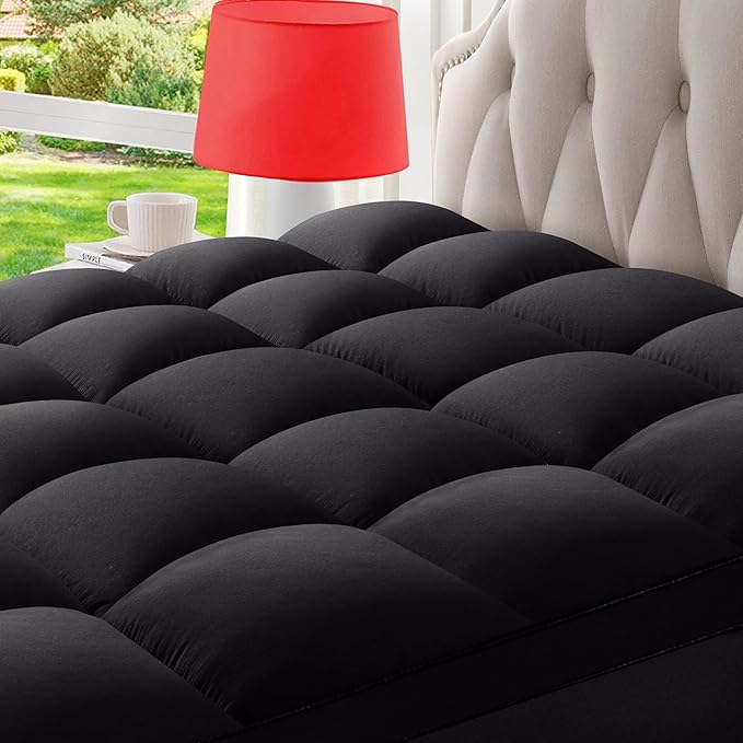 King Mattress Topper Extra Thick Pillowtop Cooling Plush Mattress Pad Cover Protector with 8-21 Inch Deep Pocket 3D Snow Down Alternative Fill Black