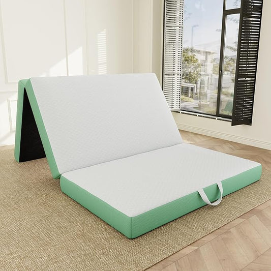 ROXGOX Memory Foam Trifold Mattress, Twin Portable Floor Bed 4 Inch, Foldable Mat with Washable Cover, Handle & Non-Slip Bottom, for RV, Travel, Camping, Yoga, 75"x38"x4", White Green