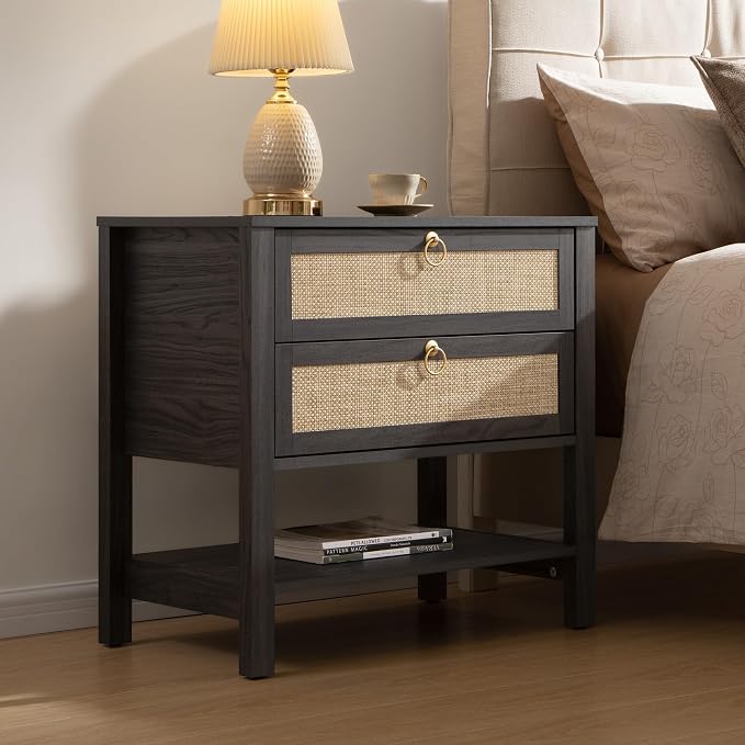 SICOTAS Night Stands Set of 2 for Bedroom, Large Bedside Tables with Drawer & Open Shelf, Wide Boho Rattan Nightstand Set Narrow Side Table for Master Bedroom - Image 3