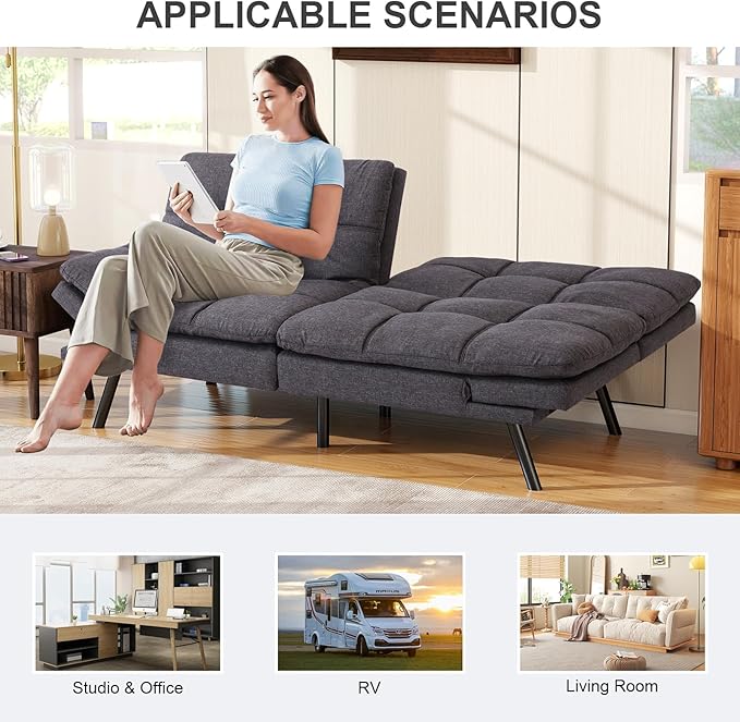 Vipbear Futon Sofa Bed Couch, 71" Convertible Sofa Bed, Space-Saving Loveseat with Adjustable Backrest & Armrest for Living Room,Apartment,Office, Grey Sleeper Sofa