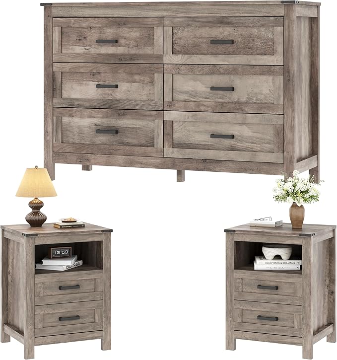EazeHome 3-Piece Bedroom Furniture Set, 47.2” Wide Farmhouse 6-Drawer Dresser with 2 Nightstands, Retro Dresser and Nightstand Sets, Antique Gray