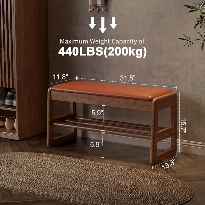 AQIMUELE Shoe Rack Bench,2 Tiers Shoe Bench with Storage with Flip-Top,Wood Shoe Rack for Entryway,Hallway（Orange Upholstered Seat,11.8" D x 31.5" W x 15.7" H） - Image 3