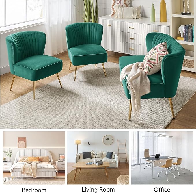 HULALA Home 3 Piece Velvet Living Room Furniture Set, Modern Comfy Upholstered Chair Set with Golden Legs, Include Loveseat & 2 Accent Chairs for Bedroom, Green Tufted 2-Seater Sofa & Armless Chairs
