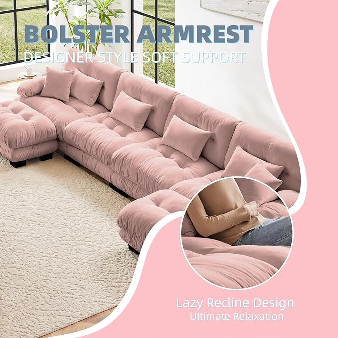 173.2" U-Shaped Cloud Couch, Oversized Modular Sectional Sofa, Deep Seat Cloud Boneless Couch, 4-Seat Modular Sectional Sofa with 2 Ottoman or Living Room,Bedroom and Apartment, Pink