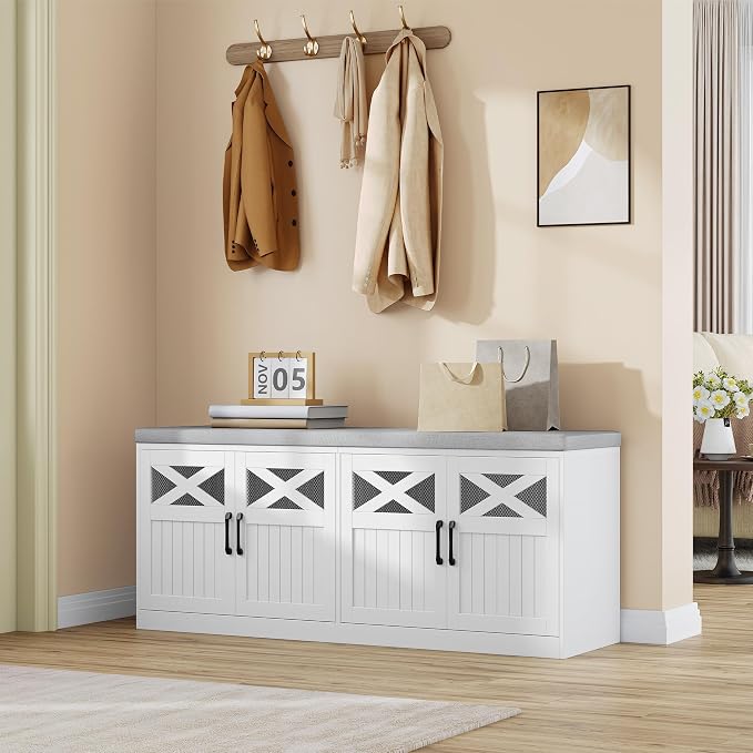 Hzuaneri 2 Tier Shoe Storage Bench with Doors, 47.2" Farmhouse Shoe Bench with Padded Cushion, 12 Pairs of Bed End Bench, Entryway Bench with Storage for Bedroom, Living Room, White SB61203X - Image 6