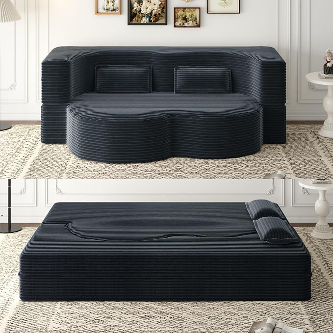 KEIKI Floor Sofa Bed with 2 Pillows, Convertible Plush Corduroy Couch, 15" Foam Folding Mattress Sleeper Floor Couch for Adults, Compression Sofa Lounge Bed, Dark Gray