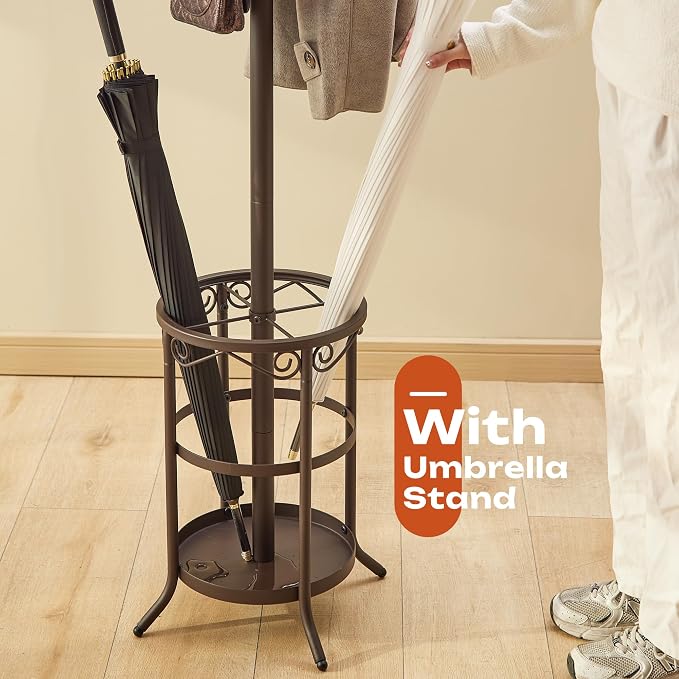 GHWIE Coat Rack Freestanding, Coat Tree with Umbrella Holder, Metal Coat Rack Stand with 12 Hooks, Standing Coat Hanger Stand, Umbrella Stand for Entryway, Hat Rack Stand for Home Office, Brown - Image 3