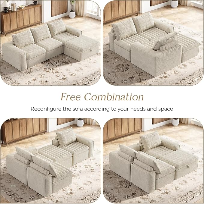106.7" Modular Sectional Sofa with Deep Seat, Comfortable Upholstery L Shaped Cloud Couch for Living Room, 3-Seater Boneless Sofa with Movable Ottomans, Removable Cover, No Assembly Required, Apricot