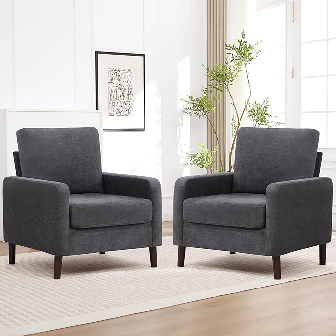 Accent Chair for Living Room, Modern Reading Chair for Bedroom, Upholstered Armchair with Wood Legs and Side Pockets, Single Sofa Side Chair for Office, Small Room, Apartment, Dark Grey