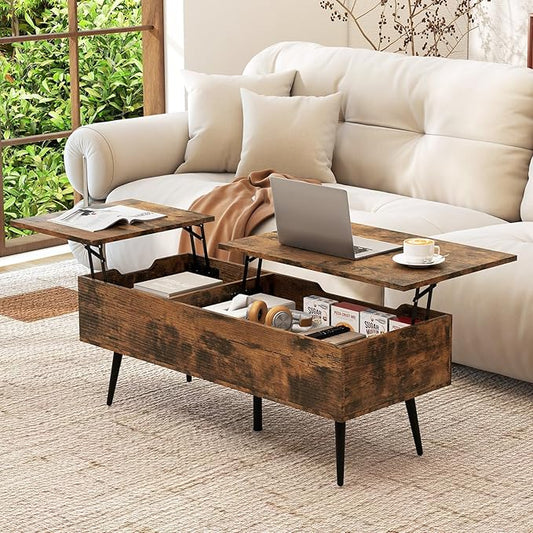Tangkula Lift Top Coffee Table, Mid Century Modern Center Table with Split Top & 2 Hidden Compartments, Rectangle Accent Table with Tapered Metal Legs for Living Room (Rustic Brown)