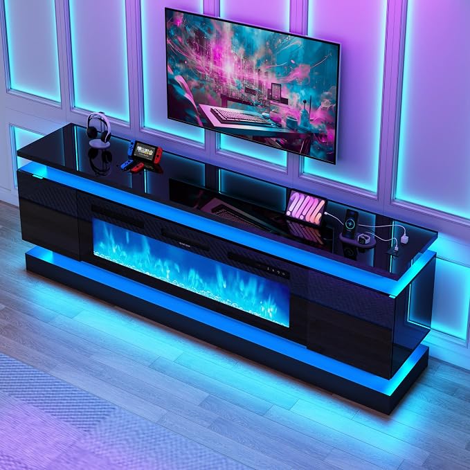 chartustriable 81IN LED TV Stands w/50 inch Fireplace Power Outlet for 90/85/80/75 Inch TVs,High Glossy Modern TV Media Console Gaming with 2 Storage Cabinets,Dual LED Lights,Black - Image 9