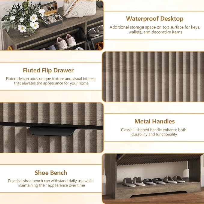 HUANLEGO Shoe Cabinet Storage for Entryway with 2 Flip Drawers, Grey Fluted Shoe Cabinet with Open Storage, Wooden Hidden Shoe Rack Freestanding Narrow Slim Shoes Organizer for Hallway, Entrance - Image 4