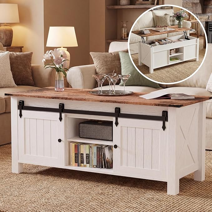 Lift Top Coffee Table with Storage, 47" Farmhouse Coffee Tables with Sliding Barn Door and Lift Tabletop Wooden Rustic Rectangle Center Table for Living Room, White