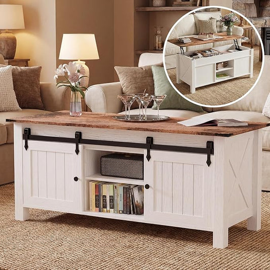 Lift Top Coffee Table with Storage, 47" Farmhouse Coffee Tables with Sliding Barn Door and Lift Tabletop Wooden Rustic Rectangle Center Table for Living Room, White