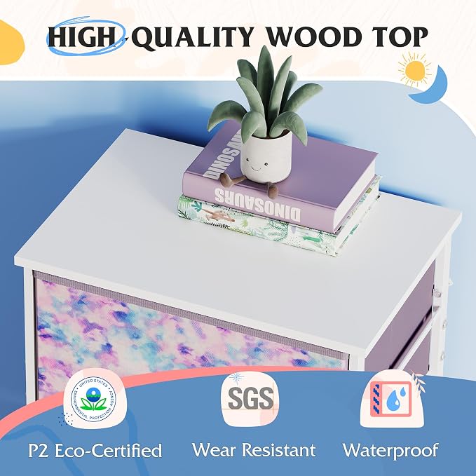 WLIVE Dresser with 4 Drawers, Storage Tower, Organizer Unit, Fabric Dresser for Bedroom, Hallway, Entryway, Closets, Sturdy Steel Frame, Wood Top, Easy Pull Handle, Tie-dye Print (Pink, Purple, Blue) - Image 6