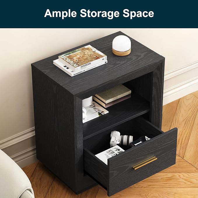 RoyalCraft Black Nightstand with Charging Station Set of 2: Bedside Table with Spacious Drawer & Storage Cabinet, 2 Outlets & USB Type-C for Bedroom Dorm - Image 4
