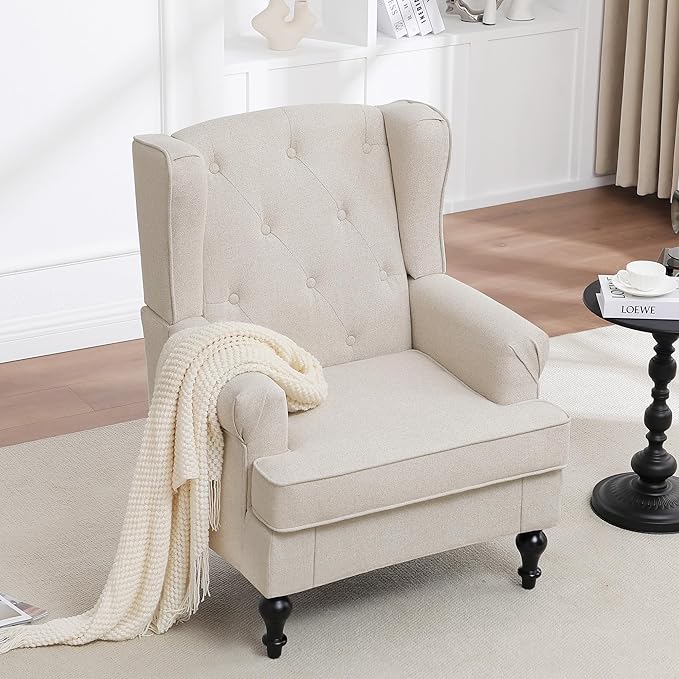 Accent Chair Set of 2, Mid Century Modern Fabric Wingback Chair, Upholstered Armchair with High Back and Vintage Legs, Comfy Single Sofa Side Reading Chair for Living Room Bedroom, Khaki
