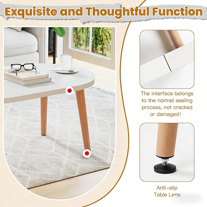 Coffee Table Low Table with 4 Solid Wood Leg, Floor Table Desk for Sitting on The Floor, Small Oval Coffee Table for Small Space, Side Table Japanese Coffee Table for Living Room Apartment Home, White