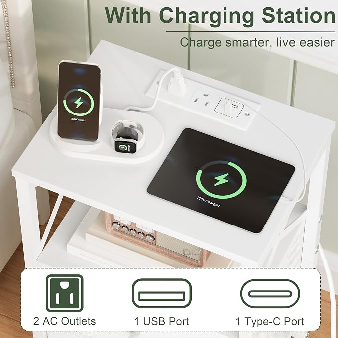 Nightstand Set of 2, Nightstands with Charging Station, Small Bedside Table with Storage Shelf, End Table with USB Ports & Outlets, with Fabric Drawers, for Couch, Bedroom(White) LET105W-2 - Image 6