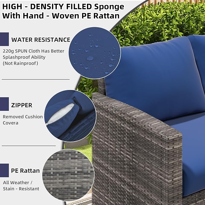 AECOJOY Outdoor Patio Furniture Set, 7 Pieces Clearance Sectional Rattan Dining Table&Chairs, All Weather Wicker Conversation Sofa Couch with Ottoman, Dark Blue Cushions&Grey Rattan