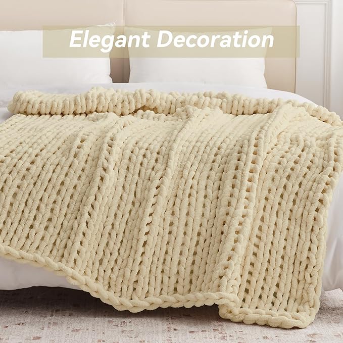 Negwoo Chunky Knit Throw Blanket, 60''*80'' Knitted Throw Chenille Yarn for Bed Couch, Handmade Oatmeal Crochet Big Thick Blanket, Machine Washable Cute Comfy Blanket for Home Decor