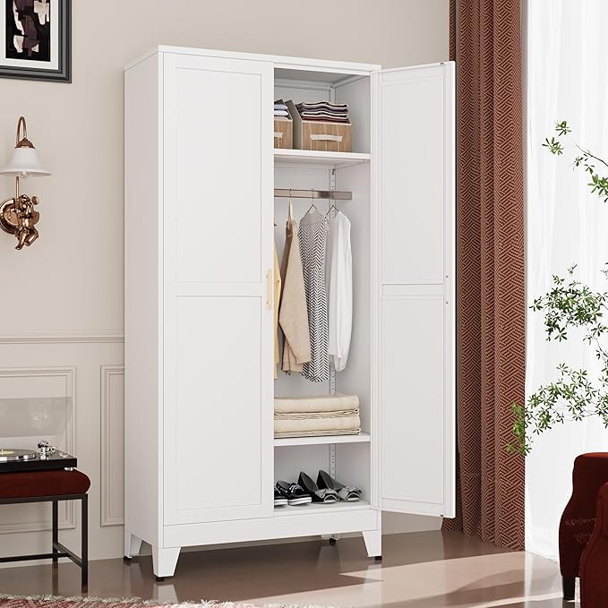 GAIOUS Metal Wardrobe Cabinet with Hanging Rod, 71" Metal Clothing Storage Cabinets with 2 Doors and Adjustable Shelves, White Armoire Wardrobe Closet for Bedroom, Laundry Room, Cloak Room