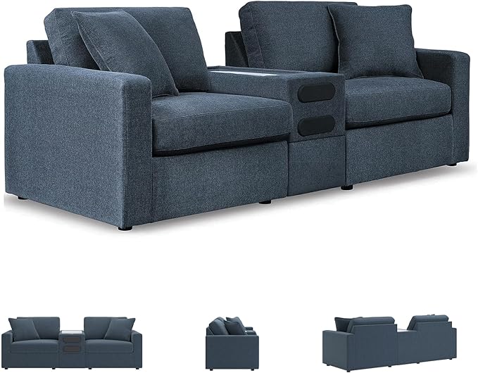 Signature Design by Ashley Modmax Contemporary Modular Stain Resistant 3-Piece Sectional with Audio Console, Drawer Storage, USB Ports and 2 Accent Pillows, Blue