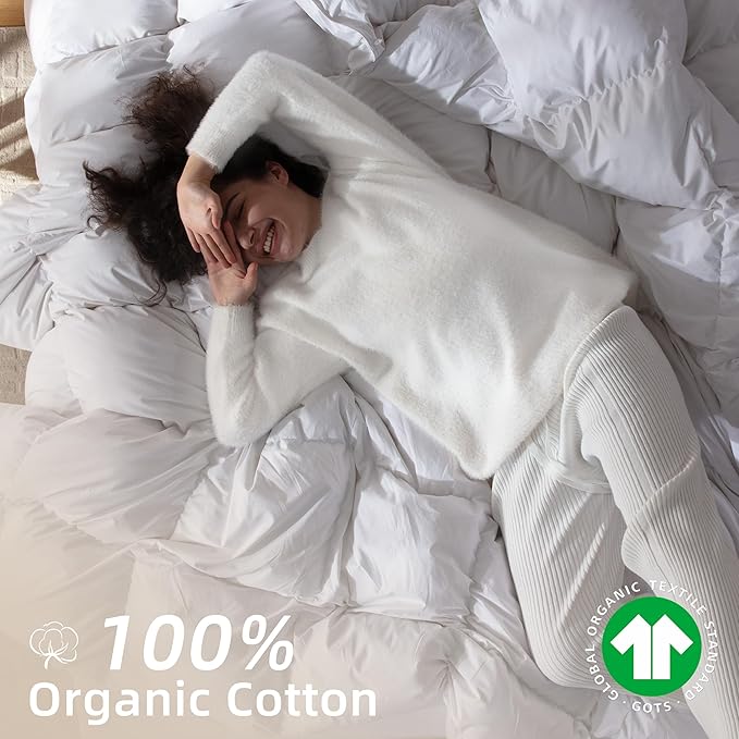 Feather Down Comforter Queen Size,Hotel Style Bedding Comforter,750+ Fill Power,1200TC,100% Organic Cotton Fabric,All Season White Duvet Insert with 8 Corner Tabs