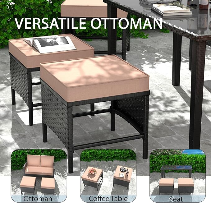 7 Pieces Patio Conversation Set, Outdoor Furniture Sectional with Throw Pillows and Anti-Slip Cushions, PE Rattan Sofa Set with Dining Table & Ottomans, Khaki